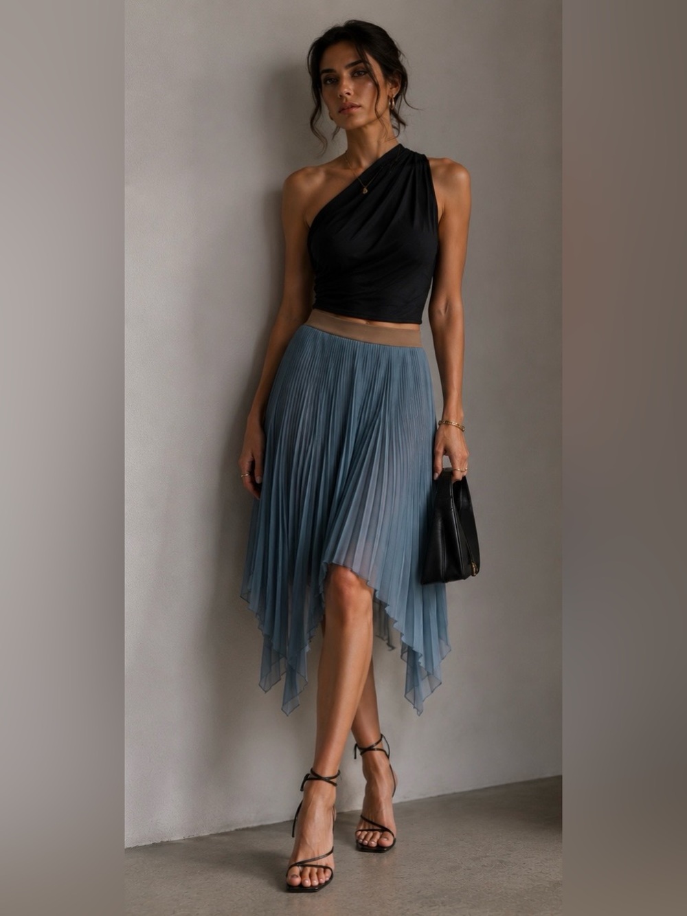 BCBGMaxAzria Pleated Hi-Low Asymmetric Hem Elastic Waist Skirt, Small